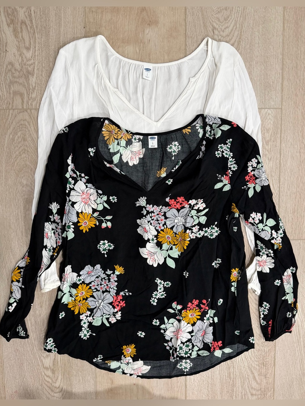 2 Old Navy V-Neck long sleeve Blouses, Black Floral and White, size L